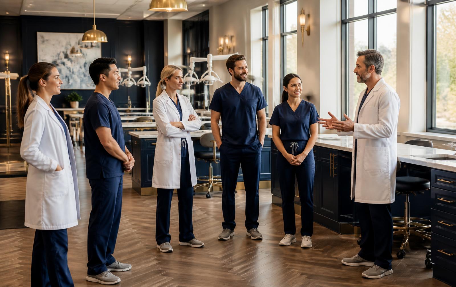 An instructor teaching a group of dentists in a bright training lab
