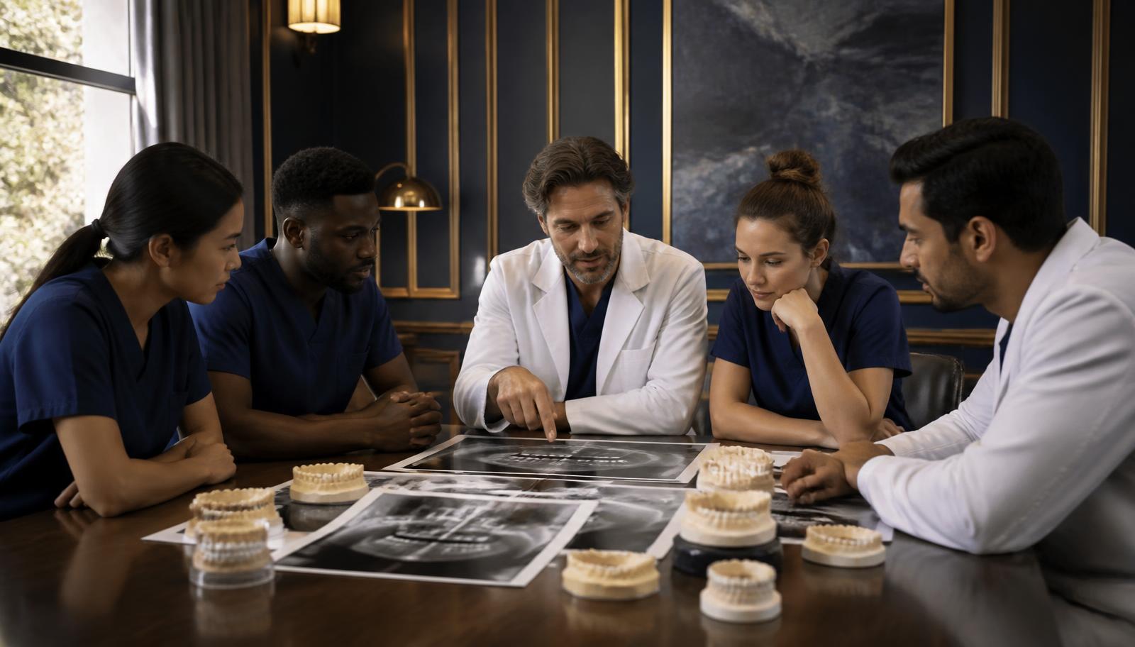 Clinicians reviewing an implant treatment plan around a table