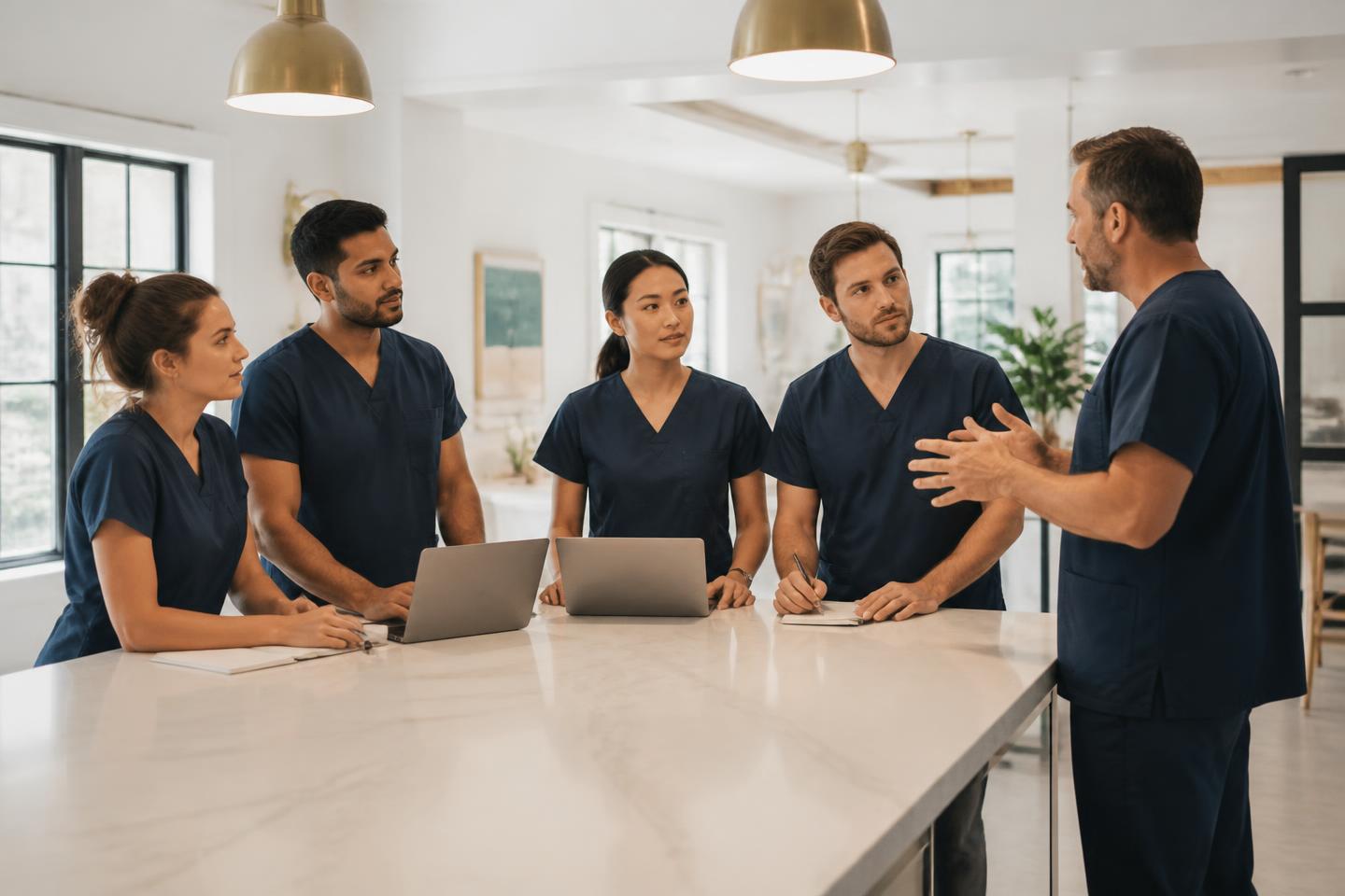Dentists discussing a case with an instructor at a consultation table