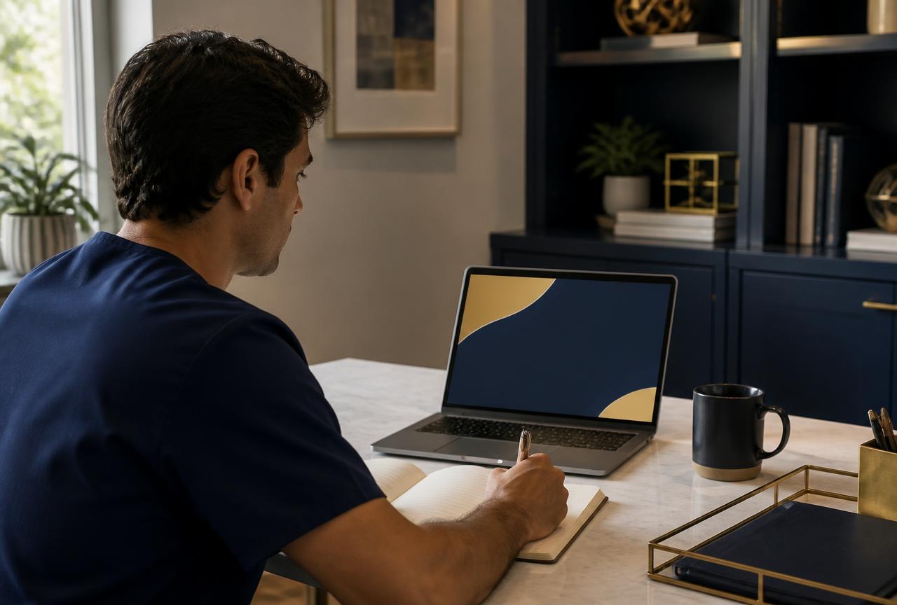 A dentist watching a recorded dental lesson on a laptop in a modern office