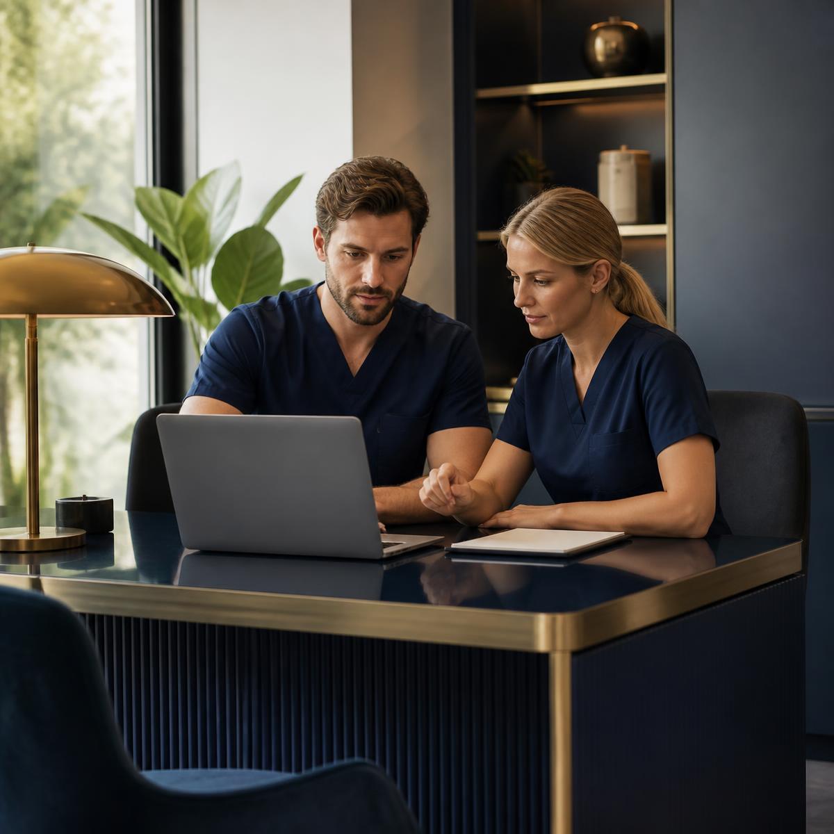 Two dentists reviewing case notes together at a desk